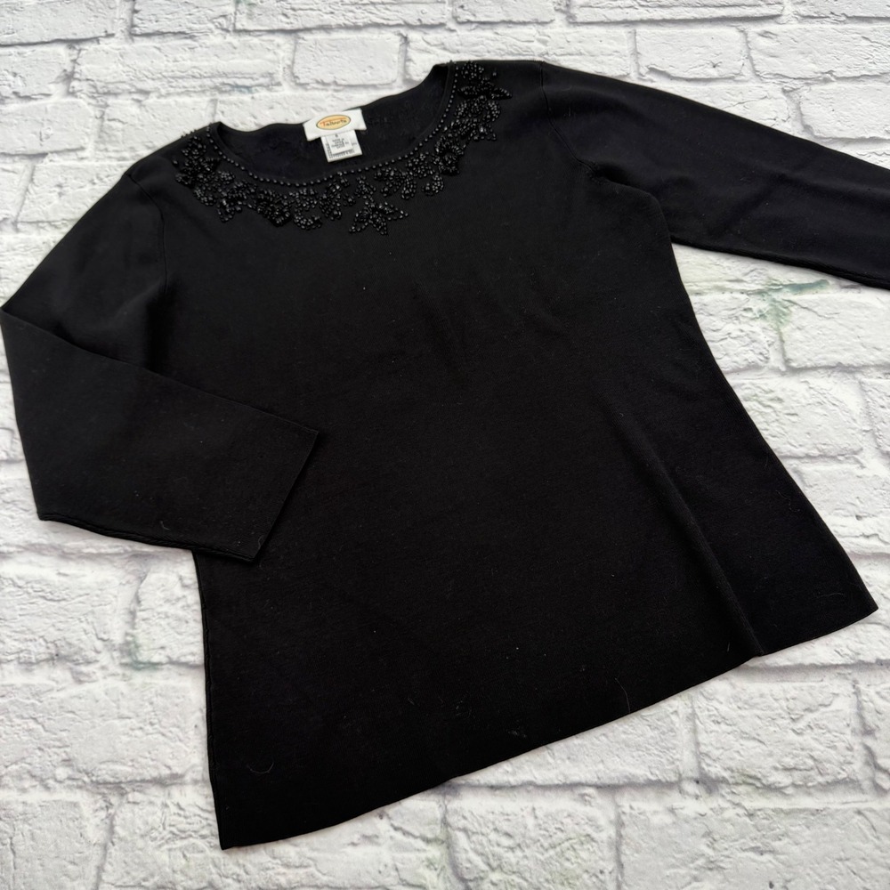 Talbots Womens Black Beaded Neckline 3/4 Sleeve Knit Top Size S Scoop Neck